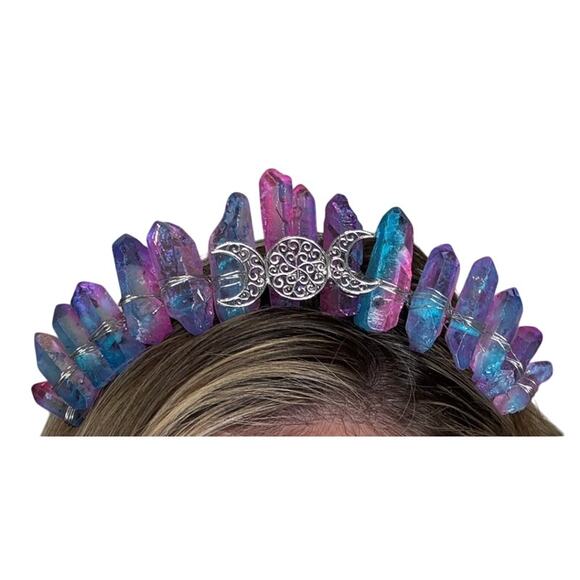 Crystal Rough Quartz Tiara Headband w/ Moon Charm - Pink and Blue - Picture 2 of 4